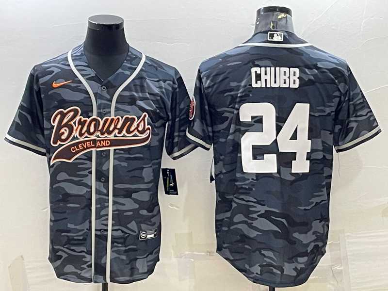 Men%27s Cleveland Browns #24 Nick Chubb Grey Camo With Patch Cool Base Stitched Baseball Jersey->cleveland browns->NFL Jersey
